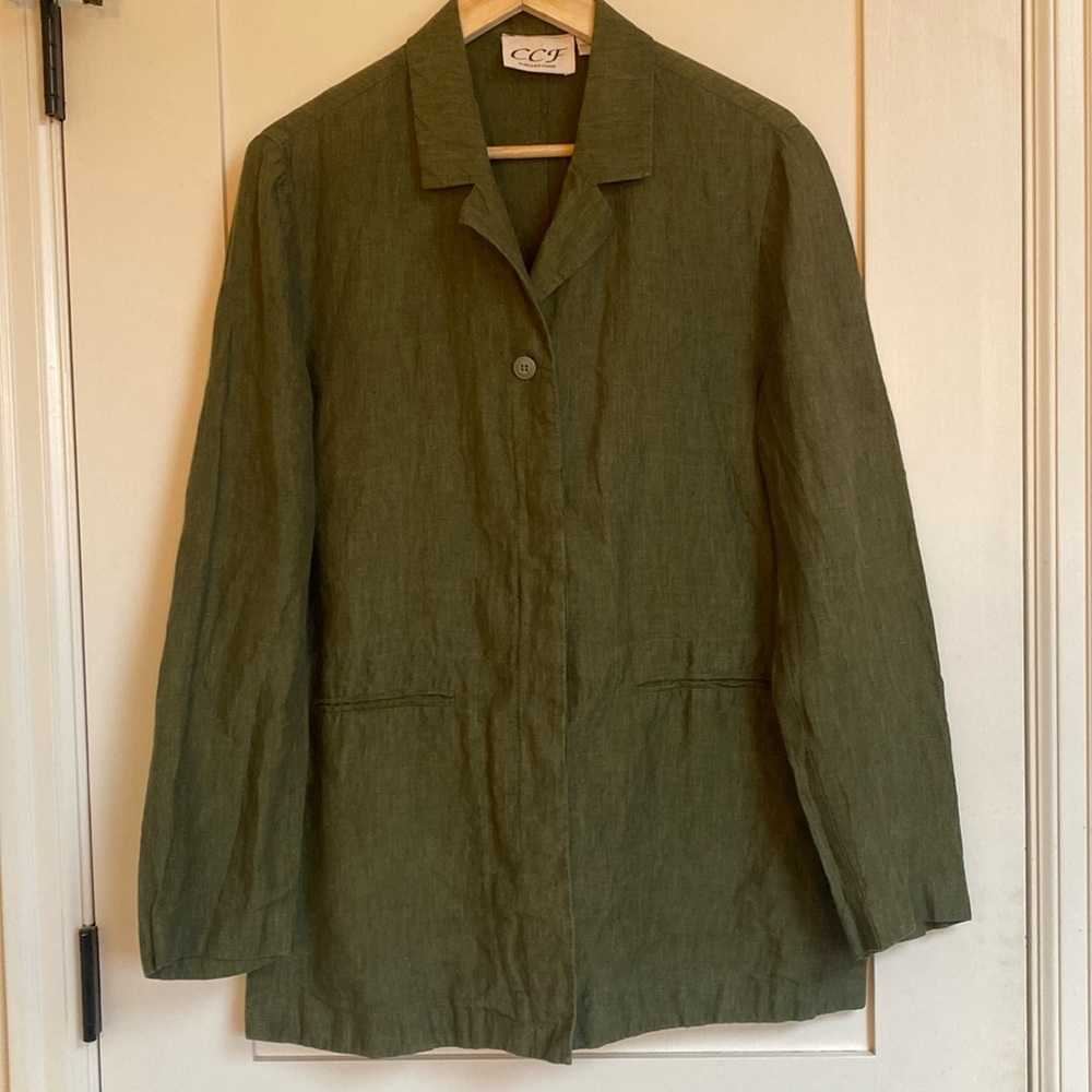CCF 100%‎ Olive Green Linen Blazer. Women's Size 12.